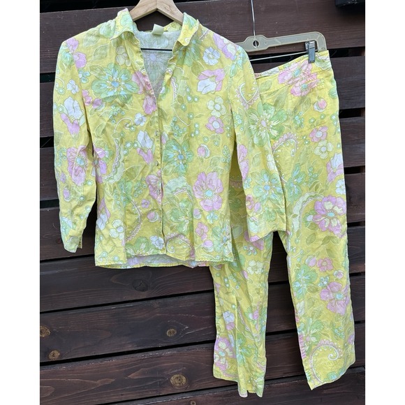 Sigrid Olsen Pants - Sigrid Olsen Yellow Floral Print 100% Linen Blouse & Pants Set Size Small